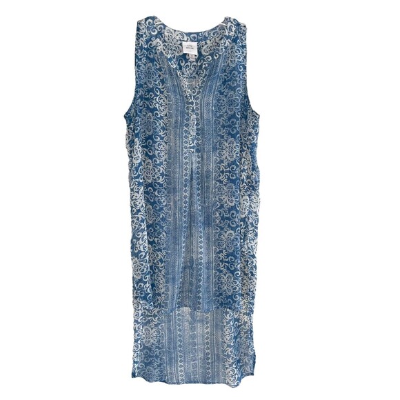 Knox Rose Boho Sheer Tunic Top Size M Popover Long Line High Low Hem Blue Cream - Picture 1 of 13